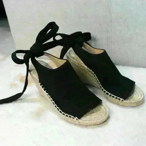 Etienne Aigner Espadrille Lace Up Ankle Strap Black Suede Open Toe Sandal 6 - Picture 7 of 13